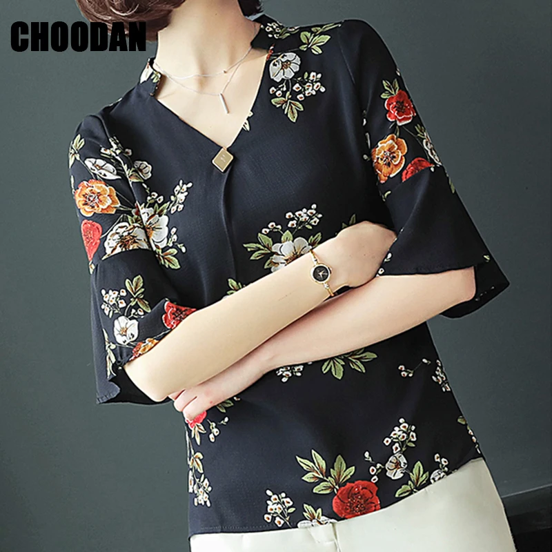 Black Blouse Women V neck Flare Sleeve Shirt Flower Printed Short Chiffon Summer Tops 2018 Female Korean Fashion Clothing |