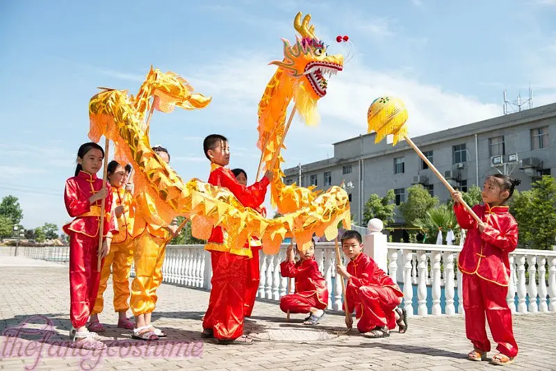 

yellow gold children size CHINESE DRAGON DANCE Gold-plated 5.5M Folk Festival Celebration Costume 6 children to play