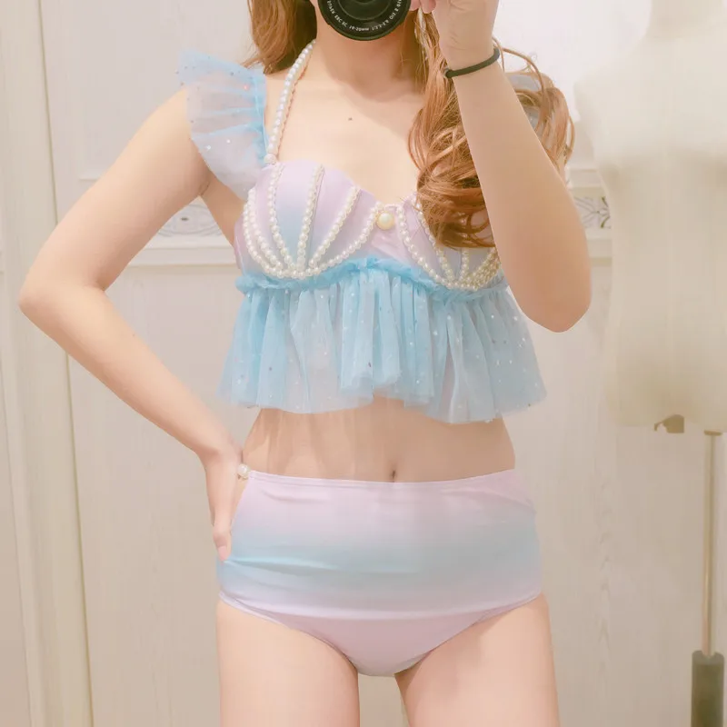 

[Stock] Cute Beach Swimsuit Mermaid Bikini Swimwear Blue Pink Gradient Shell Bra Pearl Decoration Summer Lolita Suit Free Ship