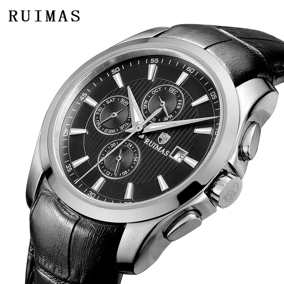 

Мужские деловые автоматические механические часы Reloj Hombre 2021, классические Роскошные наручные часы с ремешком из натуральной кожи RUIMAS, мужские часы