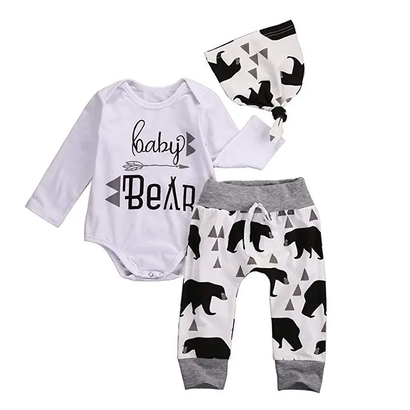 Baby Boy Girl Clothes Sets Cute Cartoon Bear Pattern Long Sleeve Tops Romper Trousers Hat Outfits Set for Boys |