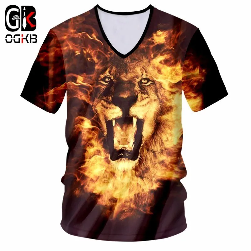 

OGKB V-neck Tshirt Women/men Cool Print Flame Lion King 3D T-shirt Animal T Shirts Unisex Slim Fit Short Sleeve Casual Tees 7XL