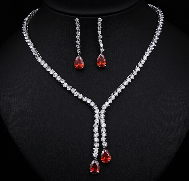 Роскошные яркие серьги и ожерелье с фианитом класса ААА цветком из красного