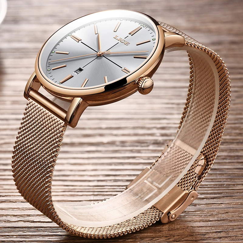 Часы LIGE женские водонепроницаемые из нержавеющей стали креативные супер тонкие