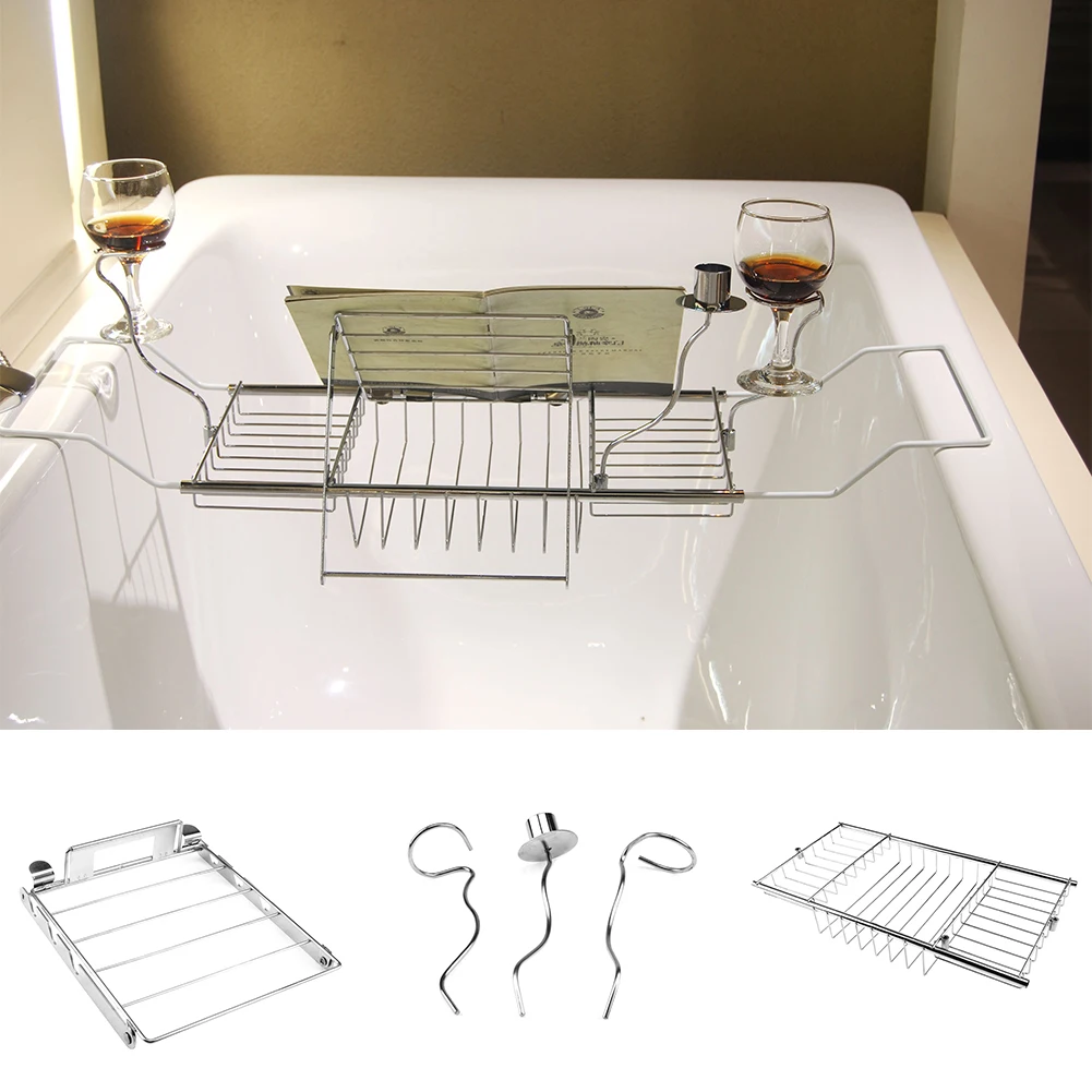Smooth Metal Durable Bathtub Rack Extendable Home Adjustable Multifunction Removable Wine Glass Holder Easy Install Convenience |