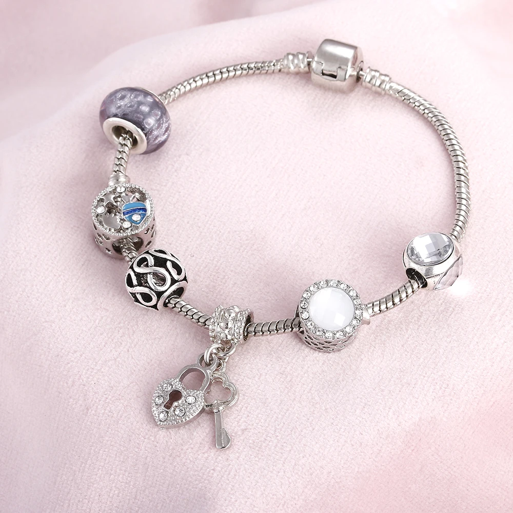 Модный цвет серебра талисман браслет Фиолетовый Кристалл Ангел ключ Радуга