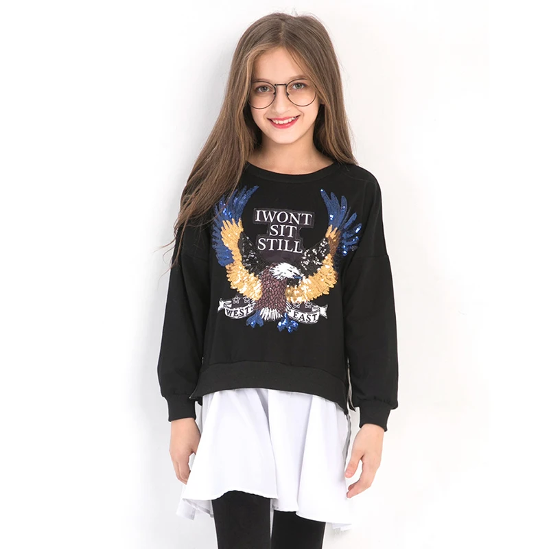 

Children's Clothing Girls's Cotton Sweater Fake 2 Pieces Long-sleeved Autumn Tops Cartoon Patch Children Pullover Casual Hoodies