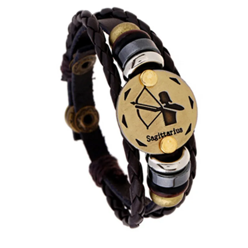12 созвездий кожаный браслет подарок на день рождения тканый с регулируемой