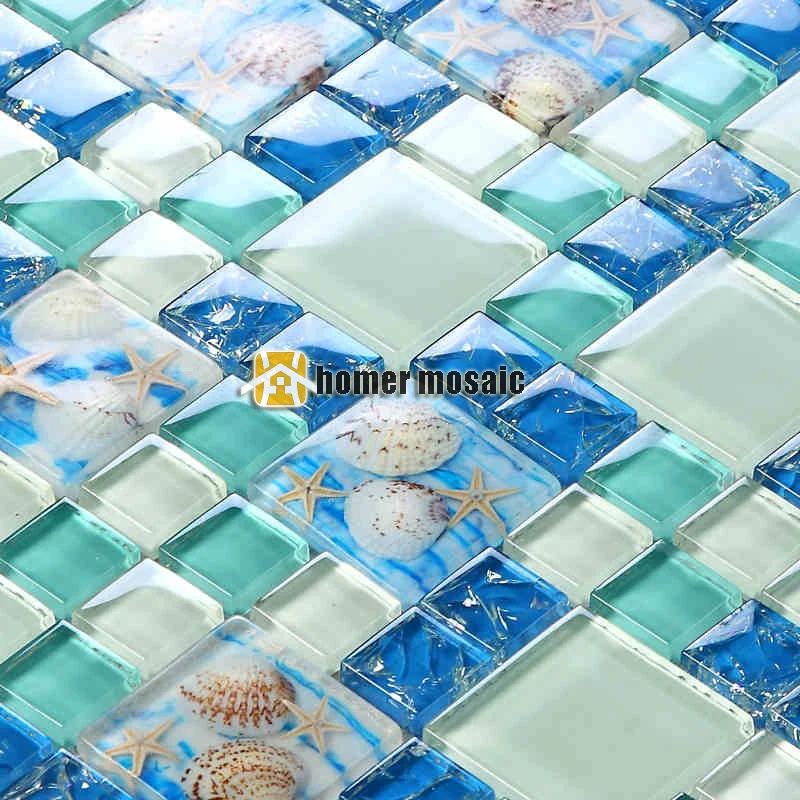 

blue crystal glass mixed sea shell for bathroom shower tiles kitchen backsplash tiles fireplace mosaic hallway HMB1406
