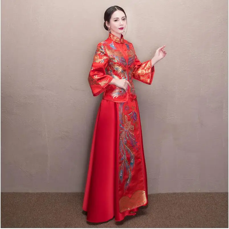 Двойное китайское традиционное платье Ципао с Фениксом для заграничной