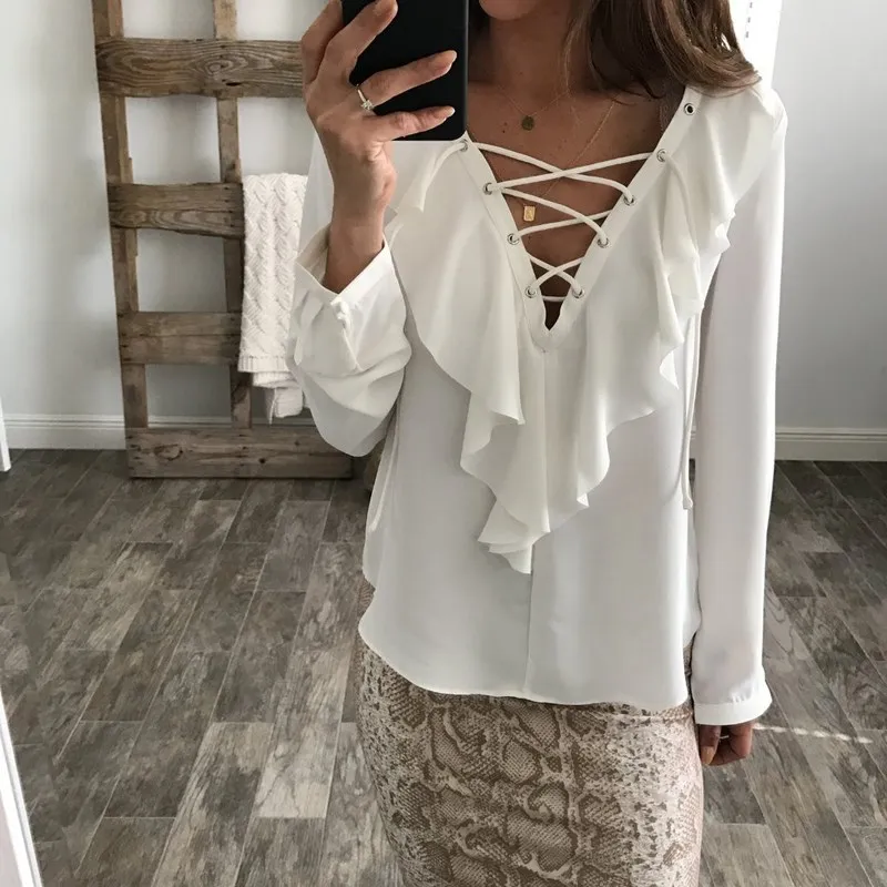 Sexy Top Women Chiffon Blouse 2018 Celmia Summer Autumn Lace Up V Neck Ruffles Long Sleeve Shirt Casual Plus Size Blusa Feminina |