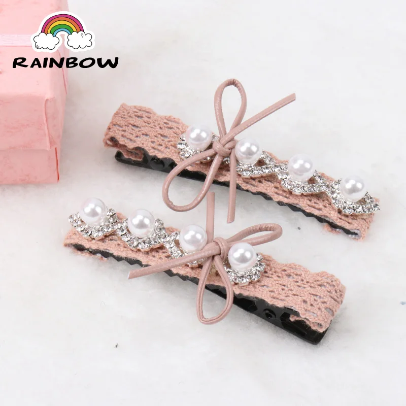 pink 2 шт./компл. мода мультфильм с жемчугом и кристаллами бантом заколки для девочек Заколки для волос ручной работы заколки аксессуар Головные уборы - Цвет: pink