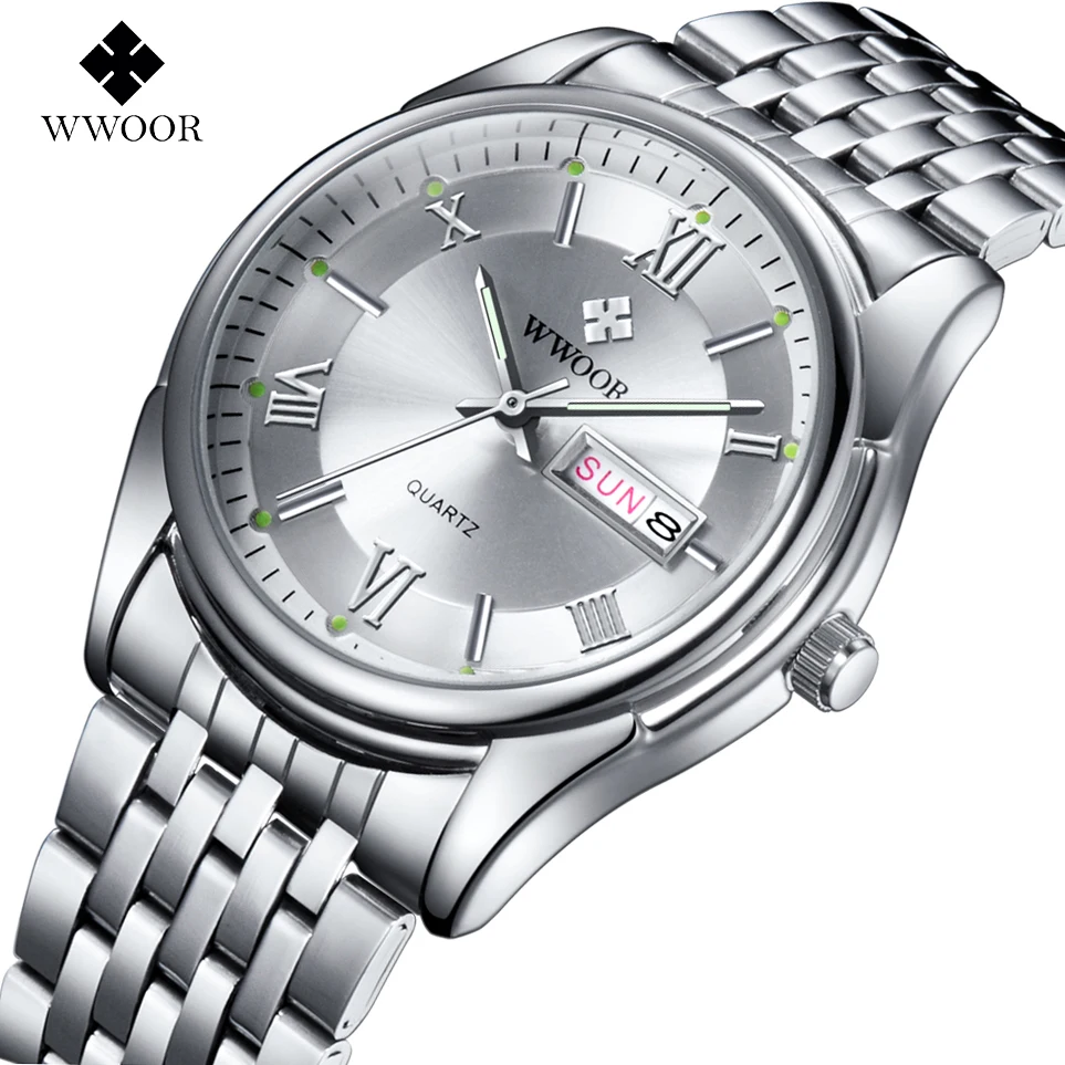 Мужские часы люксовый бренд день дата светящаяся серебро стальной ремешок