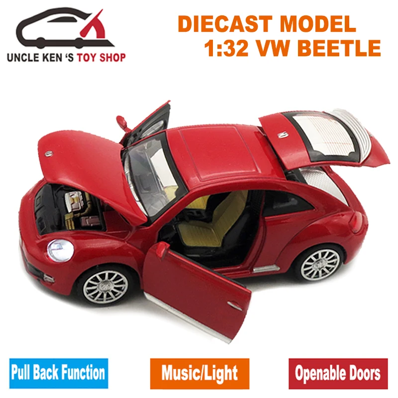 Масштабная литая Модель Коллекционная машина Beetle, подарок для мальчиков, металлические игрушки с открывающимися дверцами/функция оттягивания/музыка/светильник