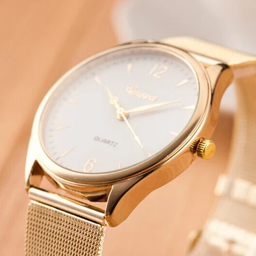 2015 Новая Мода женские часы Женева Золото Тон Сетки Ремешок Циферблат Круглый