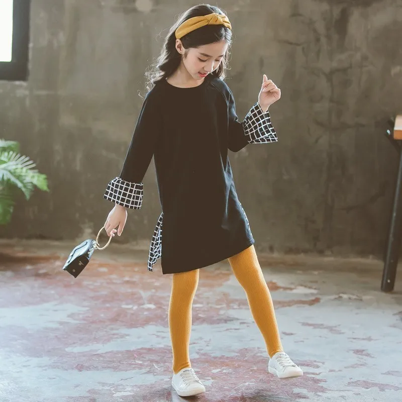 flare sleeved teen girls dresses 2019 black big kids princess dress o neck long sleeve tops autumn winter spring casual clothes | Детская