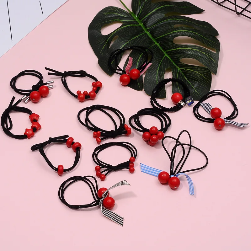 New small fresh and simple wild red beads tied hair rubber band Zama tail lady head rope ring | Украшения и аксессуары