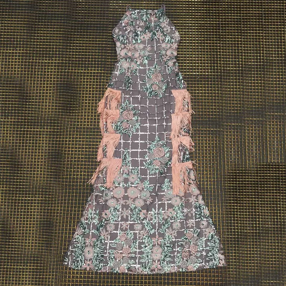 Новинка, женское модное платье, без рукавов, цветочное, с блестками, сексуальное, тонкое, на бретелях, кружевное платье, с кисточками, вечерние платья, длинное, для клуба