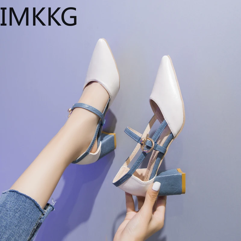 2019 spring hollow coarse sandals high-heeled shallow mouth pointed baotou shoes women Female sexy high heels S80140 | Обувь