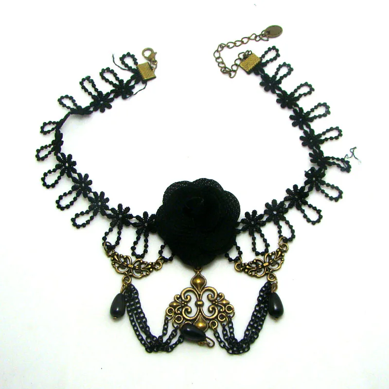 Готический стимпанк стиль ретро пустой цветок кристалл бахрома подвеска женщин черный кружевной бархатный тату чокер ожерелье ювелирных изделий.
