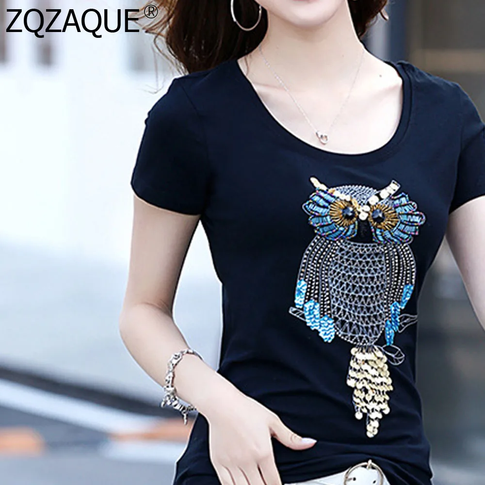 

2021 Women Summer Clothes 100% Hand-beaded Sequined 3D Owl Pattern Tops Fashion Women's Elastic T-shirts Casual Girls Tee SY023