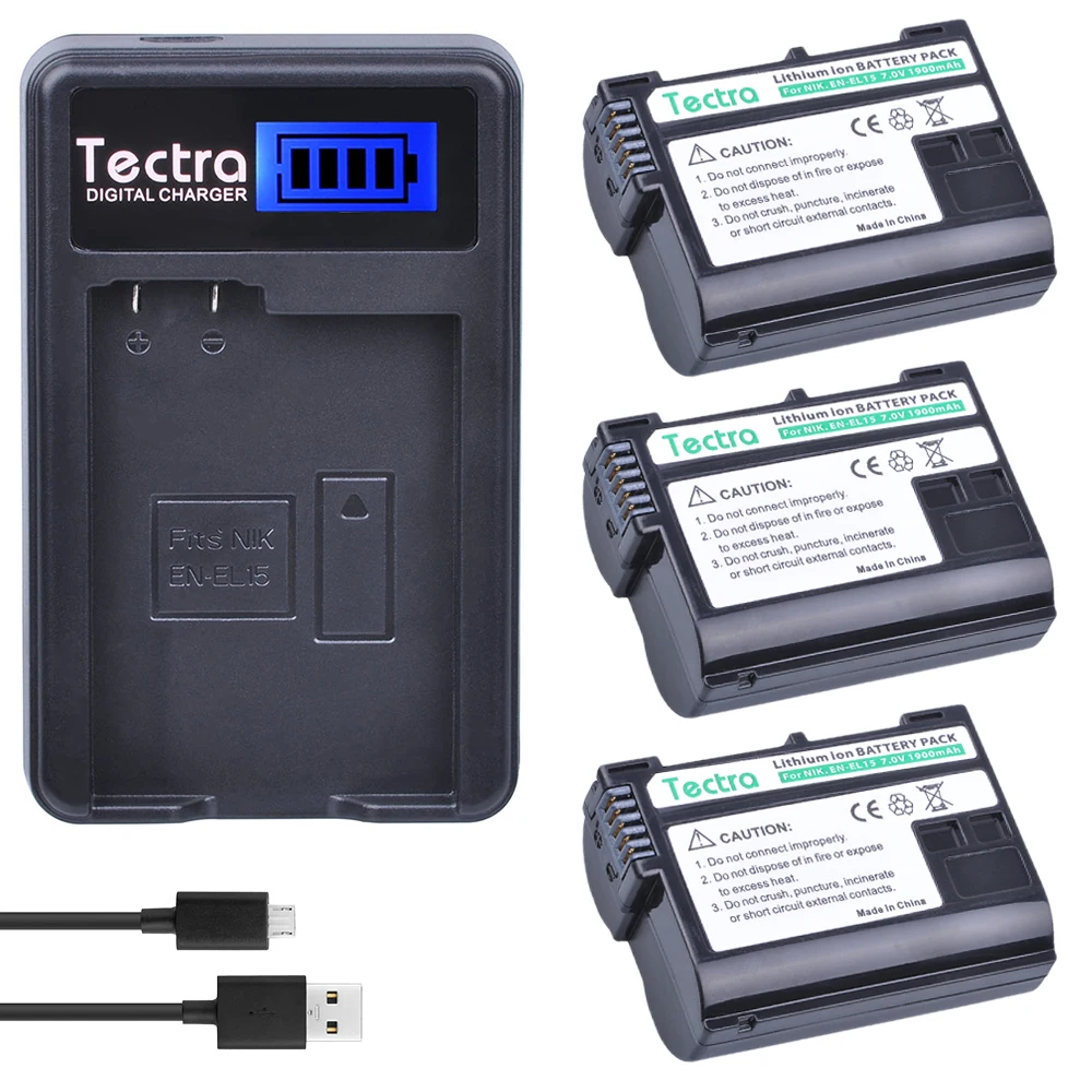 

Tectra 3Pcs EN-EL15 Camera Battery +LCD USB Charger for Nikon D7000 D7100 D800 D800E D600 D610 D810 D7200 V1 MH-25 MB-D11 MB-D12