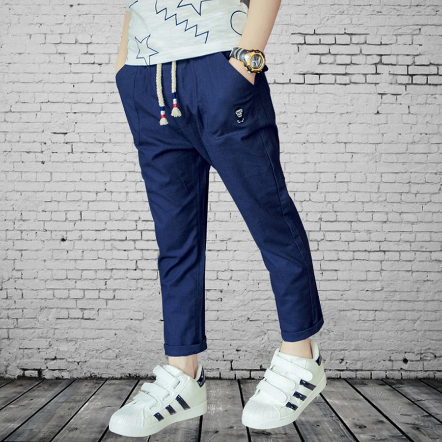 Famli Kids Boys Linen Pants Teen Boy Casual Cotton Elastic Solid Pencil Leggings Children Summer Autumn Ankle Length Trousers |