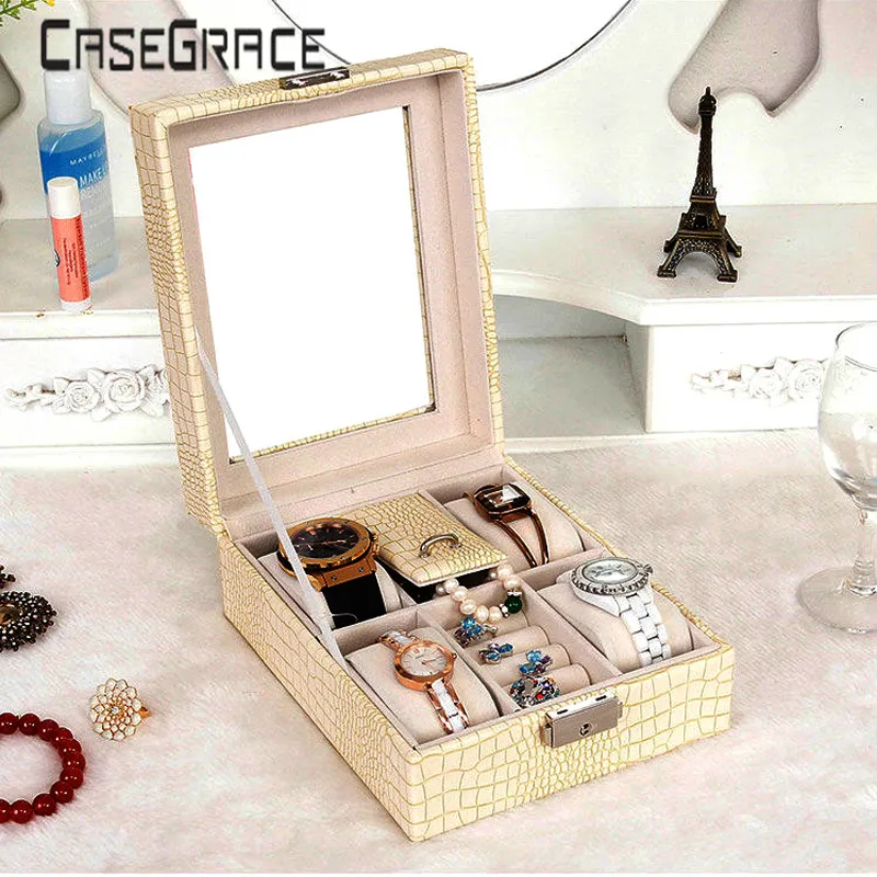 

6 Grids Luxury Elegant Watch Storage Box Black White Leather Multi Ring Earrings Holder Organizer Father Day Gift Free Shipping