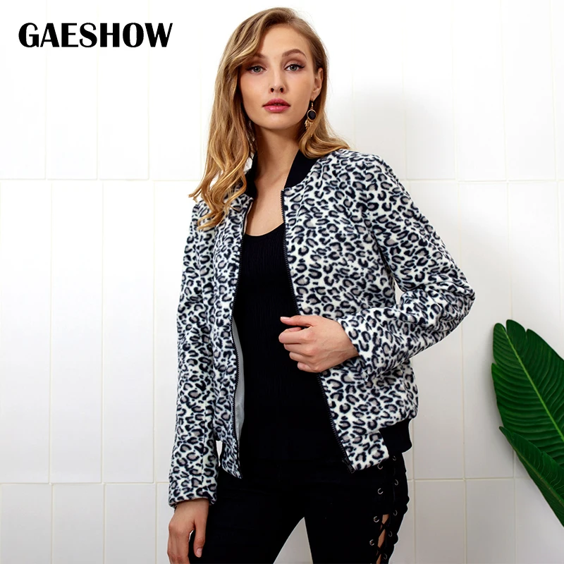 Gaeshow Повседневное Leopard Бейсбол куртки Для женщин пальто на молнии флис Курточка
