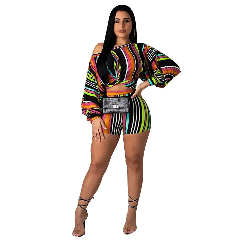 Комплект из 2 предметов в полоску укороченный топ с пышными рукавами и байкерские