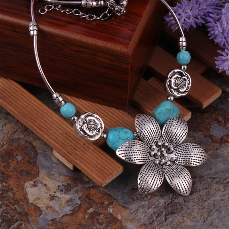 Bohemian Ethnic Gypsy Jewelry Tibetan Silver Color Chain Big Stone Necklaces Carved Alloy Flowers Necklaces & Pendants Women