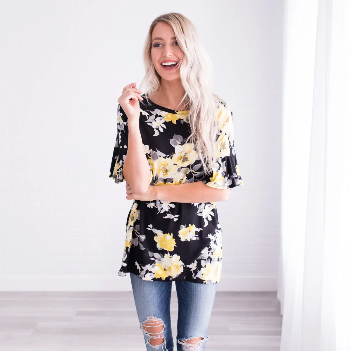 2019 рукав футболка женская маленькая Цветочная цифровая печать свободный o