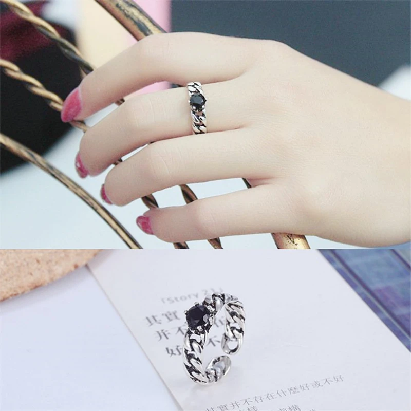 

2020 new arrival punk Tibetan sliver black stone chain adjustable rings for women ladies Vintage Punk Rock high quality KJZ0173