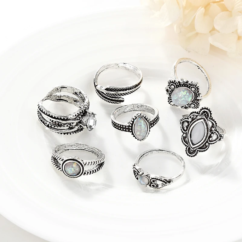 8pcs/sets Knuckle Rings Silver Color Finger Sets Natural Stone Opal Bohemian Style Fashion Jewelry For Women New2019 | Украшения и