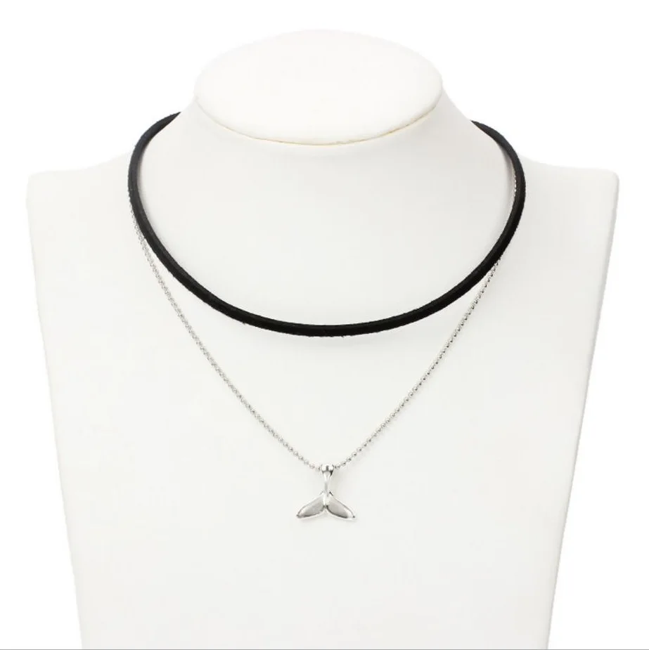 Двухслойное ожерелье корейский бархат кожаный шнур черный цвет чокер подвеска