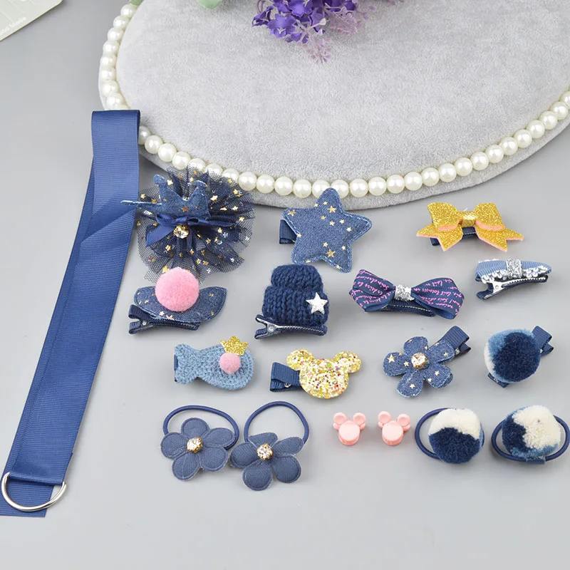 18 pieces dk blue 1 комплект цветок Дети Детские аксессуары заколки младенец, ткань лук цветок Головные уборы заколки для волос головной убор A7 - Цвет: 18 pieces dk blue