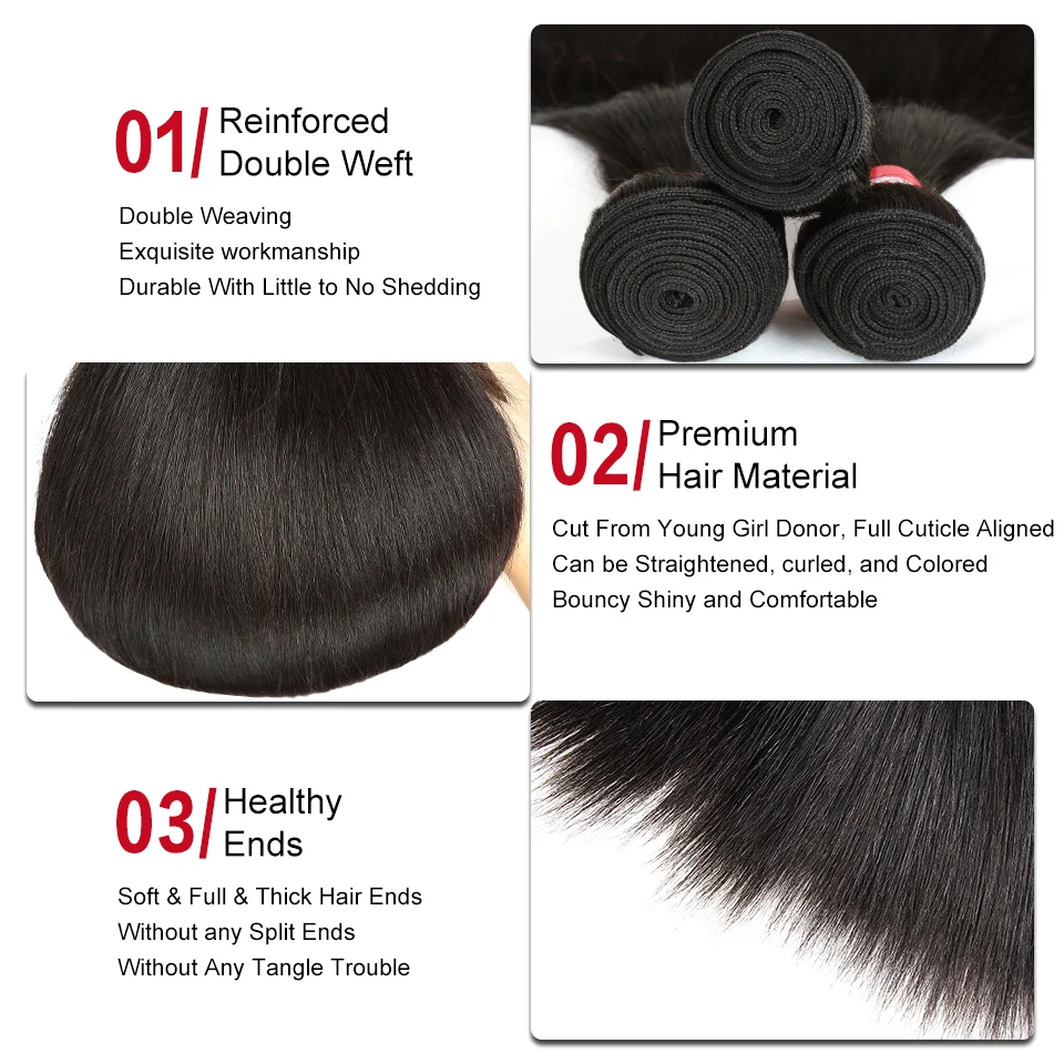 Sleek Brazilian Straight Hair Bundles With Closure Natural Color Weave Remy Human 3 2x4 Lace | Шиньоны и парики