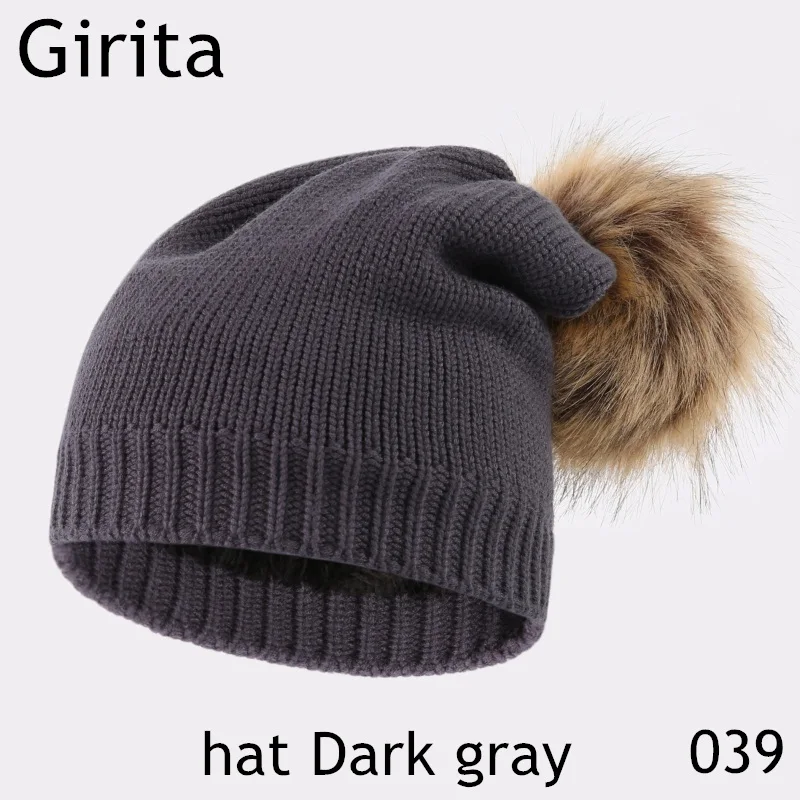 Girita женская зимняя вязаная шапка Skullies Beanies, шапки с флисовой подкладкой, вязаные меховые женские теплые шапки с помпоном - Цвет: hat Dark gray