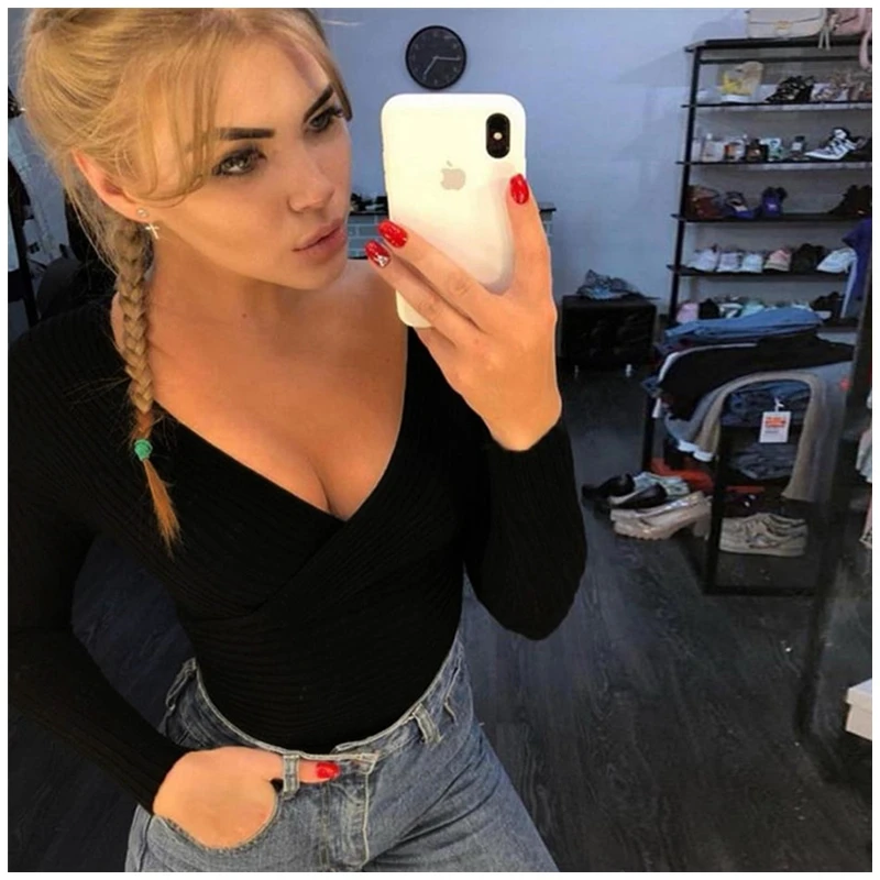 Autumn V Neck Thin Sweater Women Casual Low Cut IG Cropped Pullover Boho Bohemia Sexy Jumper Pull Femme Tee White Black Crop Top | Женская