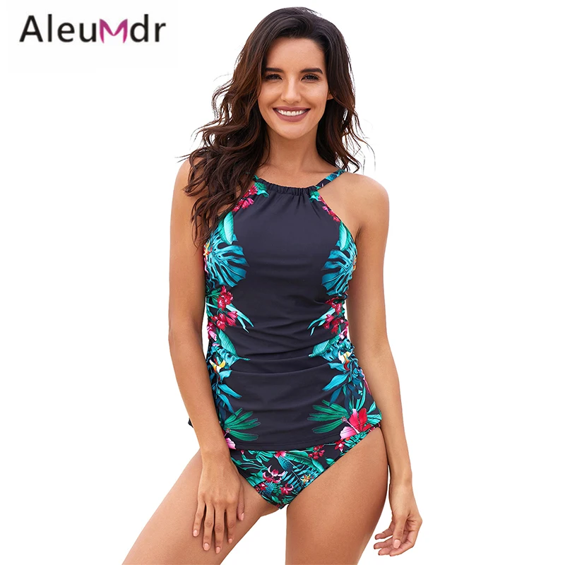 Aleumdr Купальники Белый лист и Цветочный принт Ruched Tankini Установить Два Купальник