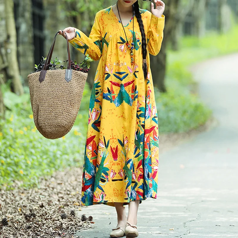 EaseHut Женщины Boho Винтаж Свободное Повседневное Платье с принтом Хлопок льняное Платье с Длинными Рукавами Негабаритных Халат Макси Длинное Платье Vestidos