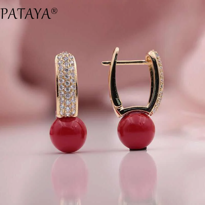 Coral Red Новые разноцветные жемчужные серьги PATAYA с микро-воском и натуральным цирконием, 585 розовое золото, женские роскошные ювелирные изделия для свадебной вечеринки - Окраска металла: Coral Red