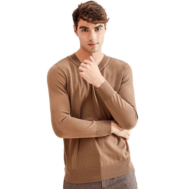 ZHILI Men's V-Neck Pure Color Sweater 100% Wool