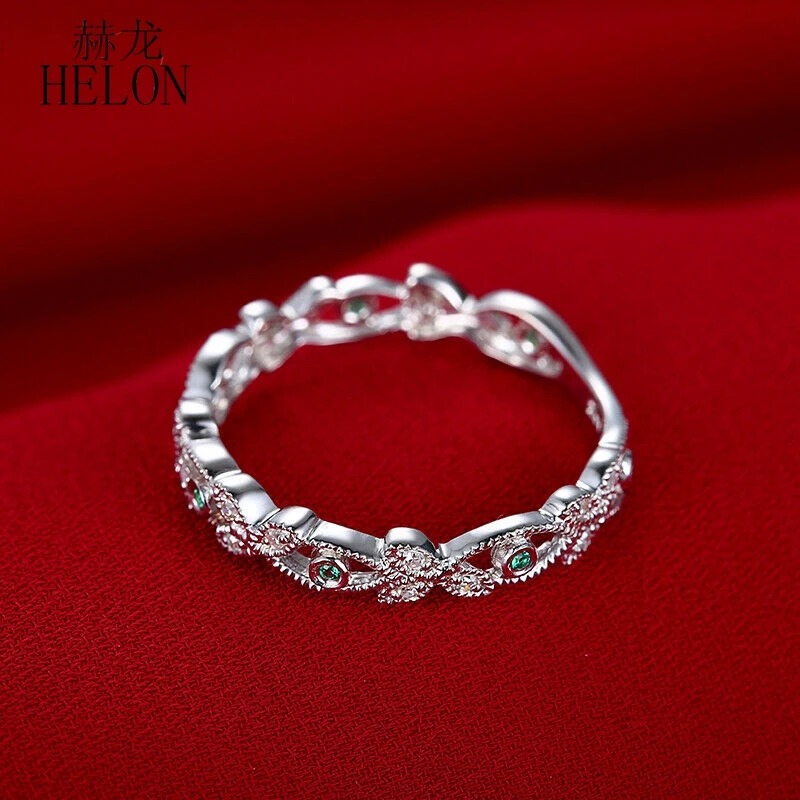 HELON Solid 14K(AU585) белое золото 0.2CT натуральные бриллианты изумруд тонкой свадьбы юбилей кольцо женские модные праздничные ювелирные изделия