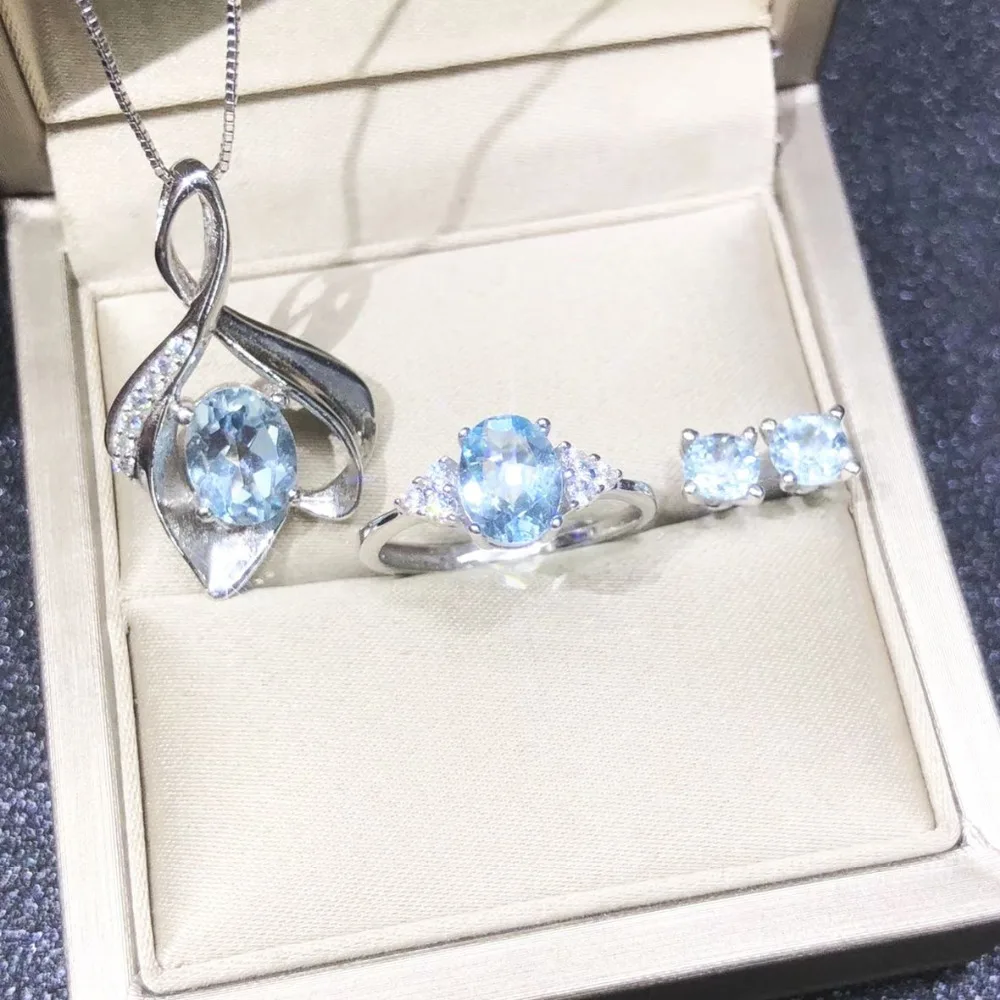 

Natural Aquamarine Classic Ring Stud Earrings Pendant Necklace Jewelry Set 925 Sterling Silver with 45cm Chain for Holiday Party