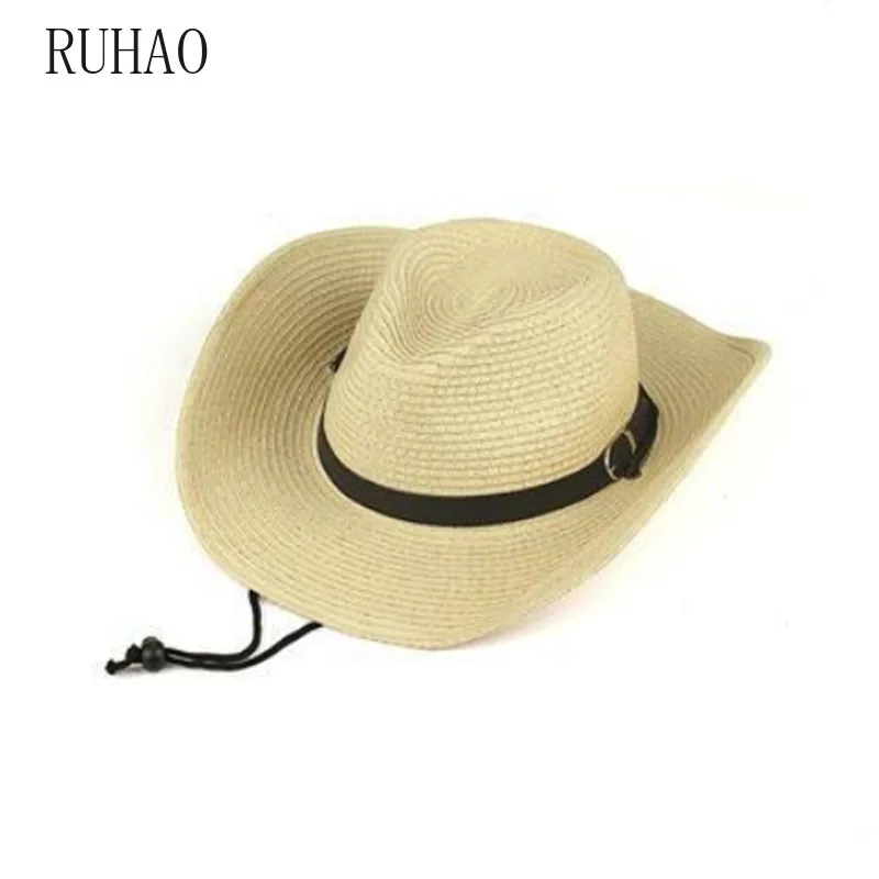 

RUHAO, мужские летние кепки, Соломенная пляжная шляпа с широкими полями, ковбойская шляпа, складная Солнцезащитная шляпа для мальчиков, с пряж...
