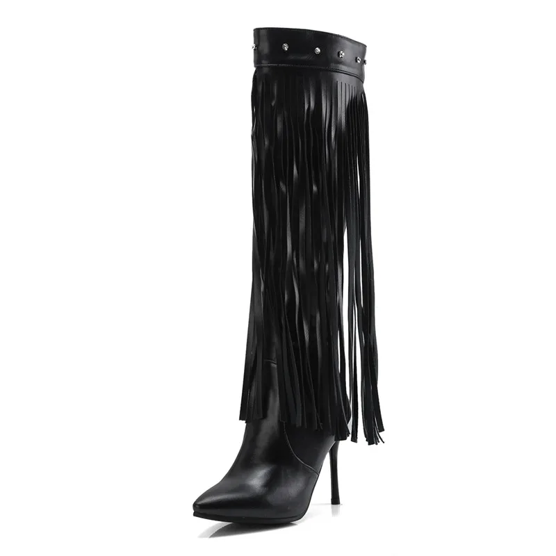 

MoonMeek big size 33-43 fashion autumn winter boots pointed toe fringe thin high boots elegant ladies knee high boots 2020 new