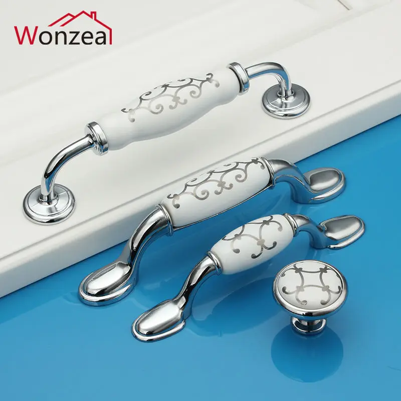 zinc alloy ceramic dresser pulls drawer furniture handles ceramic kitchen cabinet door knobs silver knobs pulls porcelain free global shipping