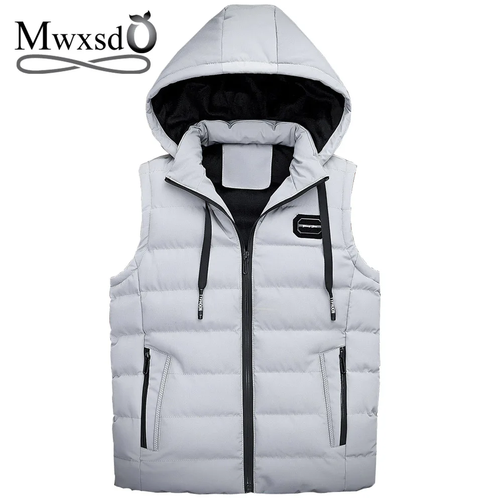 Mwxsd Brand winter men's warm hooded vest men thick sleeveless waistcoat plus cotton male solid fur zipper jacket | Мужская одежда