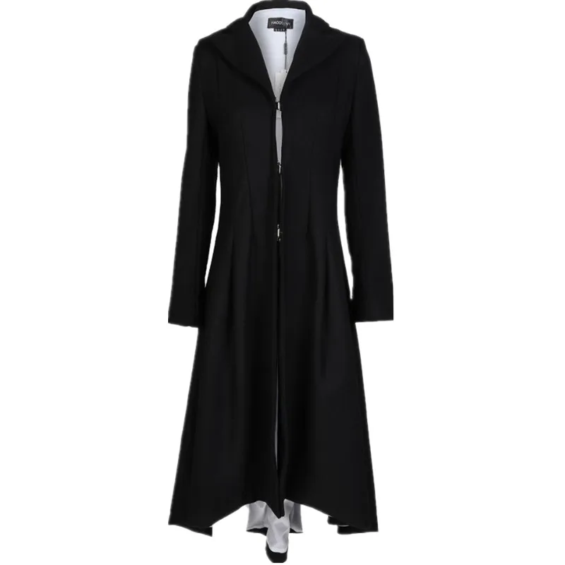 

Yaxez 2018 Women Plus Size Long Goth Coat Autumn winter swallowtail Black Pleated Wool Trench Dovetail 5XL 6XL Female Outwear